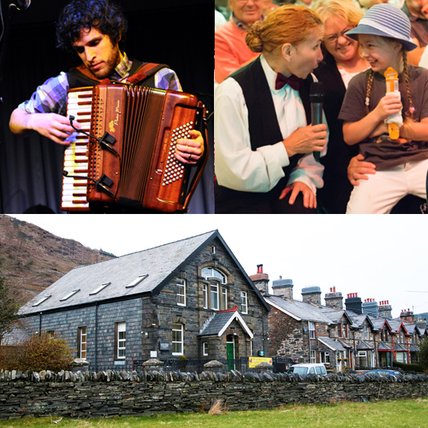 Llun/Image: Accordian player, audience members clapping and rural village hall and slate houses